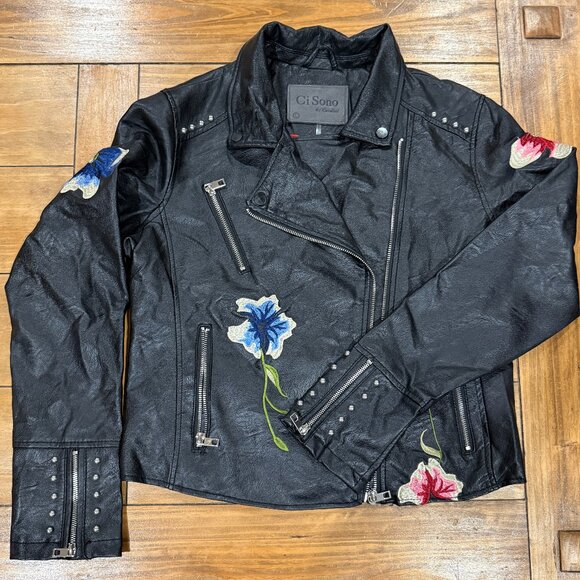 Ci Sono Jackets & Blazers - Ci Sono Vegan Faux Leather Motorcycle Jacket Embroidered Flowers Juniors Sz L